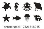 Collection of black silhouette sea creatures including a turtle, seahorse, octopus, stingray, starfish, fish, jellyfish, and hermit crab