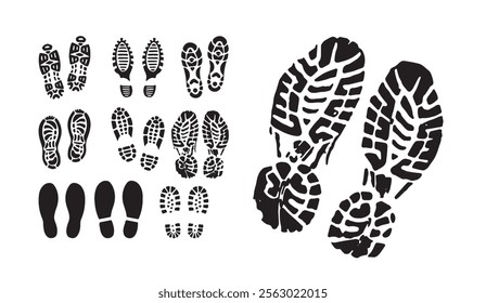 Collection of black silhouette shoeprints and footprints in various designs and patterns on a white background. Perfect for symbols, outdoors, and creative projects