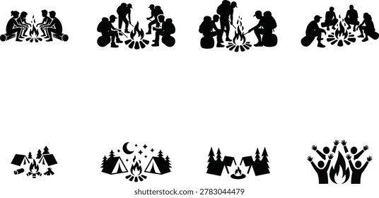 A collection of black silhouette showing groups of people sitting around campfires with tents and forest scenery. The set various outdoor camping activities on a white background.