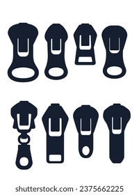 Collection of black silhouette steel zipper puller vector illustration isolated on white background svg