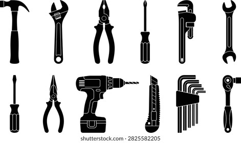 Collection of black silhouette tools including hammer wrench pliers and screwdriver isolated on white background