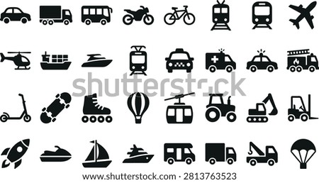 Collection of black silhouette transportation icons featuring cars, trucks, buses, trains, aircraft, boats, emergency vehicles, construction machinery, and recreational transport. Ideal for logistics, travel, navigation, transportation services, mobile apps, websites, presentations, and infographic design.