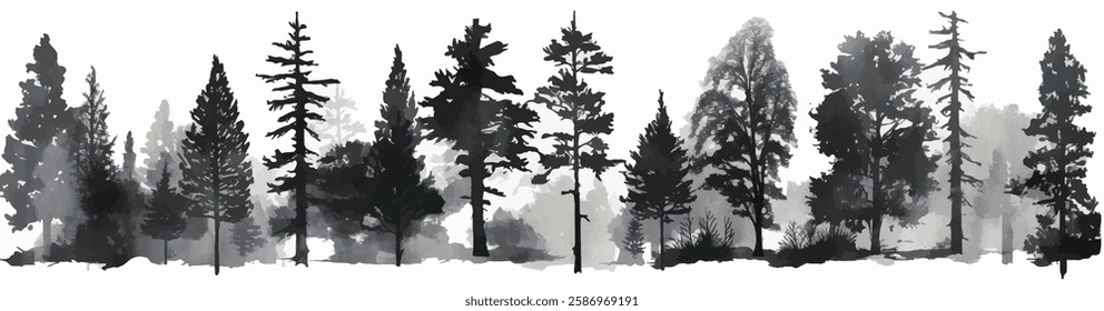 A collection of black silhouette tree designs in various shapes and styles.