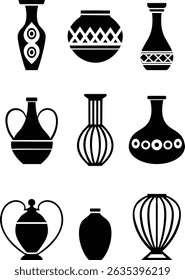 Coleção de vasos de silhueta preta e vasos de cerâmica, Coleção de ícones decorativos do vaso da cerâmica	
