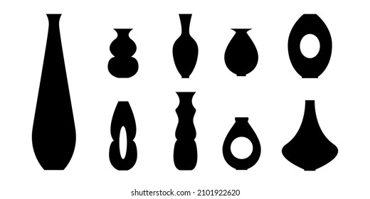 Collection of black silhouette of vases and vassels of various shapes. Isolated. Simple vector illustration.