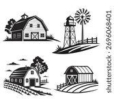 Collection of black silhouette vector designs featuring classic barns and silos, perfect for rural or agricultural themes.