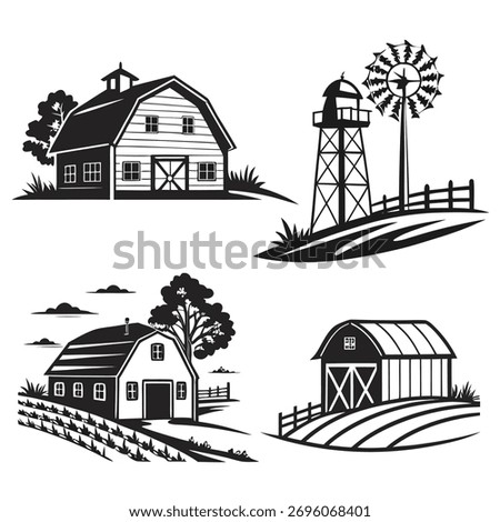 Collection of black silhouette vector designs featuring classic barns and silos, perfect for rural or agricultural themes.