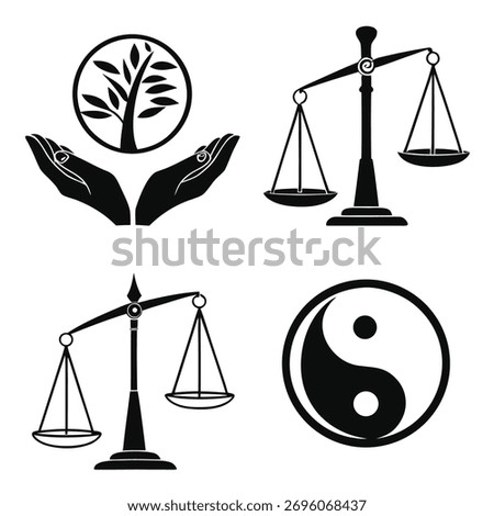 A collection of black silhouette vector designs representing various symbols of balance and equilibrium, ideal for conceptual graphics.