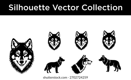 A collection of black silhouette vector graphics featuring wolves in various poses and headshots.