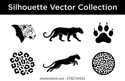 Una colección de Vector de silueta negro con la cabeza de un leopardo, un leopardo caminando, un leopardo saltando, un estampado de patas y patrones de manchas de leopardo.