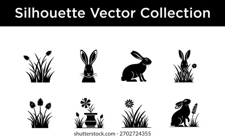 Una colección de Vectores de silueta negra con conejos y varias plantas, incluyendo hierba y flores.