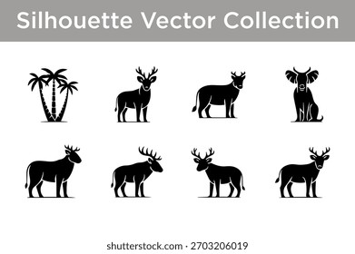 A collection of black silhouette vector graphics featuring various animals and palm trees.