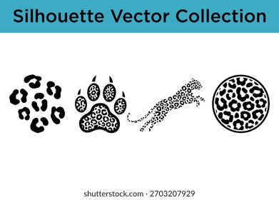 A collection of black silhouette vector graphics featuring leopard print patterns, including spots, a paw print, and a leaping leopard.