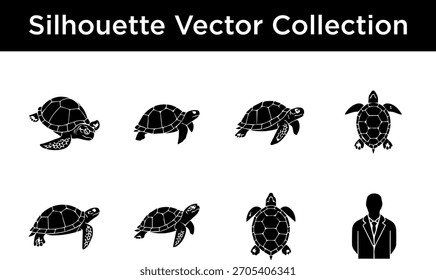 A collection of black silhouette vector graphics featuring various sea turtles in different poses and a businessman in a suit.