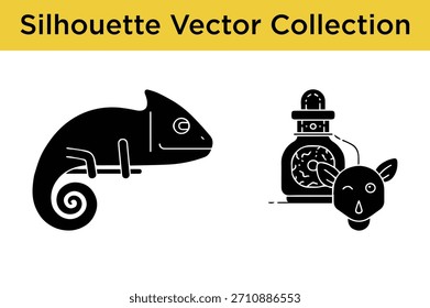 Colección de Vector de silueta negra con un camaleón y una botella de cuentagotas de temática animal con una gota, ideal para proyectos de diseño.