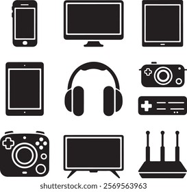 A collection of black silhouette vector icons of electronic devices, smartphone, laptop, desktop computer, tablet, headphones, smartwatch, camera, gaming console, TV, and a router