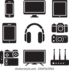 A collection of black silhouette vector icons of electronic devices, smartphone, laptop, desktop computer, tablet, headphones, smartwatch, camera, gaming console, TV, and a router