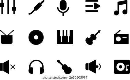 A collection of black silhouette vector icons related to music and audio