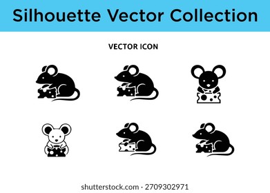 Collection of black silhouette vector icons featuring mice with cheese in various styles.
