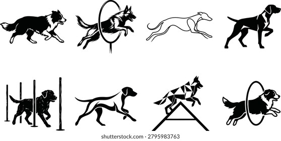 A collection of black silhouette vector icons showing dogs in various agility training activities, including running, jumping, weaving, and climbing obstacles. Perfect for use in pet-related branding, dog sports infographics, educational materials, and design projects highlighting canine athleticism.