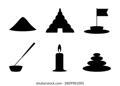 A collection of black silhouette vector icons featuring essential religious and meditation items including a stupa temple flag incense burner candle and zen stones arranged on a white background for spiritual design and cultural ritual themes