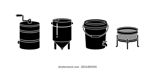 A collection of black silhouette vector icons depicting essential home brewing equipment, including fermentation vessels, a grain mill, and a filter stand.