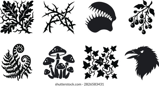 A collection of black silhouette vector icons featuring gothic botanical and dark nature elements, including oak leaves, sharp thorns, a Venus flytrap, deadly nightshade berries, fiddlehead fern, wild mushrooms, ivy vines, and a raven head profile. Ideal for Halloween graphics, dark fantasy illustrations, gothic art, esoteric decor, and tattoo designs.