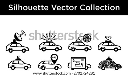 A collection of black silhouette vector icons depicting cars equipped with various navigation and technology features.