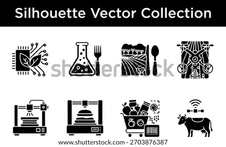 A collection of black silhouette vector icons representing modern agriculture, food technology, and innovation.