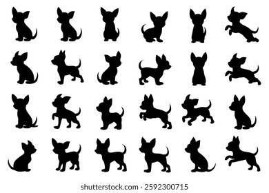 A collection of black silhouette Vector  illustrations of Chihuahuas in different poses, showcasing various actions.