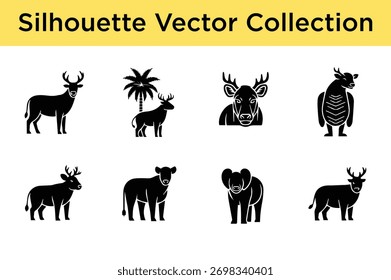 A collection of black silhouette vector illustrations of various animals, including deer, elephants, and cows, with a palm tree.