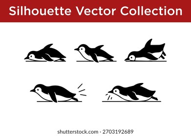 Una colección de Ilustraciones vectoriales de silueta negra que representan pingüinos en varias poses y acciones dinámicas, adecuadas para el Diseño gráfico.