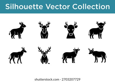 Uma coleção de ilustrações de vetor de silhueta preta com várias espécies de veados e bovinos.