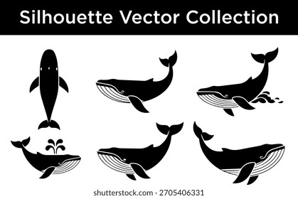 Una colección de Ilustraciones vectoriales de silueta negra con varias poses y acciones de ballenas.