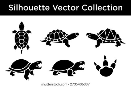 A collection of black silhouette vector illustrations featuring various turtle poses and a dinosaur footprint.