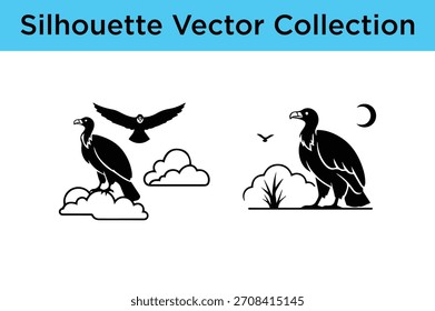 A collection of black silhouette vector illustrations featuring vultures and eagles in natural settings with clouds, bushes, and a moon.