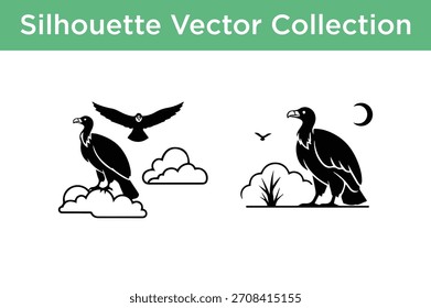 A collection of black silhouette vector illustrations featuring vultures, birds, clouds, and a crescent moon. Ideal for design projects.