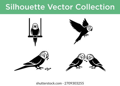 Eine Kollektion schwarzer Silhouetten-Vektorgrafiken von Budgerigaren, auch als Wellensittiche oder Sittiche bekannt, in verschiedenen Posen wie fliegen, essen und auf einer Schaukel.