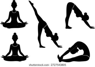 Uma coleção de ilustrações de vetor de silhueta preta mostrando diferentes poses de ioga. O design limpo representa atenção plena, flexibilidade, equilíbrio e bem-estar.