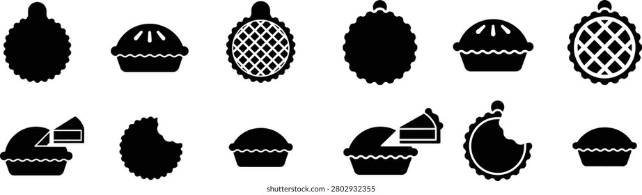 Collection of black silhouette vector pie and tart icons, featuring whole and bitten designs on transparent background, perfect for food, bakery, and dessert-related projects.