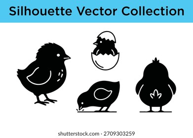 Una colección de Vectores de silueta negra con adorables pollitos en varias poses, incluyendo uno que eclosiona de un huevo.
