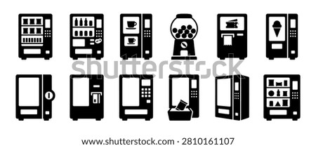 Collection of black silhouette vending machine icons, showcasing various types of automatic dispensers in a clean, modern, and illustrative style