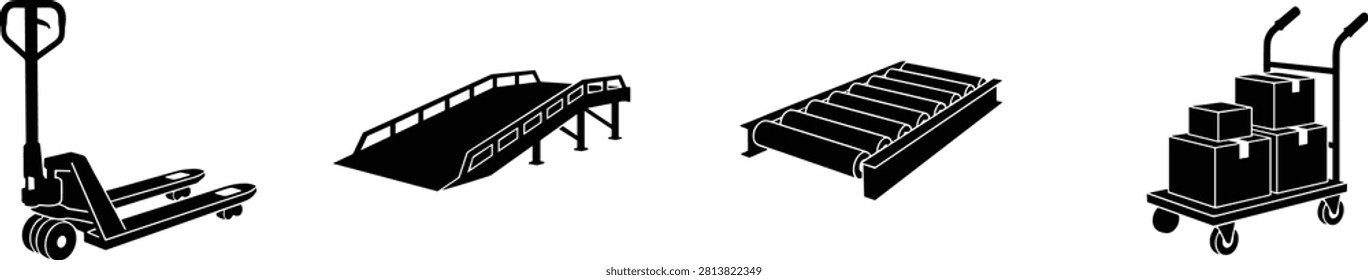 Collection of black silhouette warehouse and material handling equipment icons featuring pallet jack, loading ramp, roller conveyor, and platform cart with boxes. Ideal for logistics, warehousing, shipping, distribution, supply chain, industrial operations, websites, mobile apps, and infographic design.