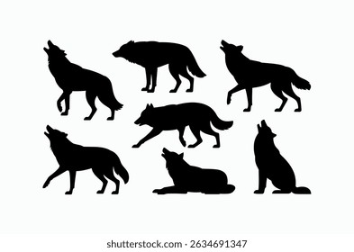 Collection of Black Silhouette Wolves in Various Poses