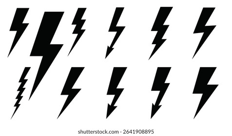 A Collection of Black Silhouetted Lightning Bolt Illustrations against a White Background for Design Projects