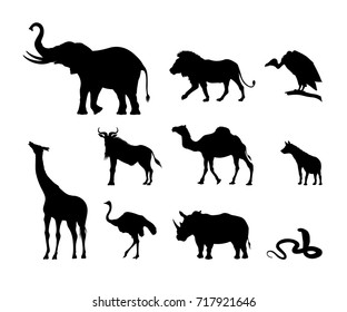 Collection of black silhouettes of African animals. The nature of Africa. Elephant, rhinoceros and lion on white background. Vector illustration