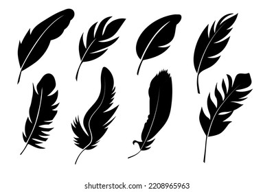 Collection of black silhouettes of a bird feather on a white background. Vector illustration.