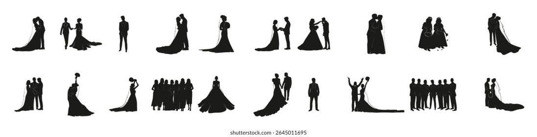 Coleção de silhuetas pretas da noiva, noivo e convidados convidados. Coleção de sombras de casamento.