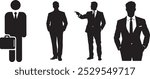 A collection of black silhouettes of business professionals in various poses, wearing formal suits and ties. The figures display different body languages, including standing with hands in pockets