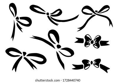 Collection of black silhouettes butterfly bow flat vector illustration isolated on white background